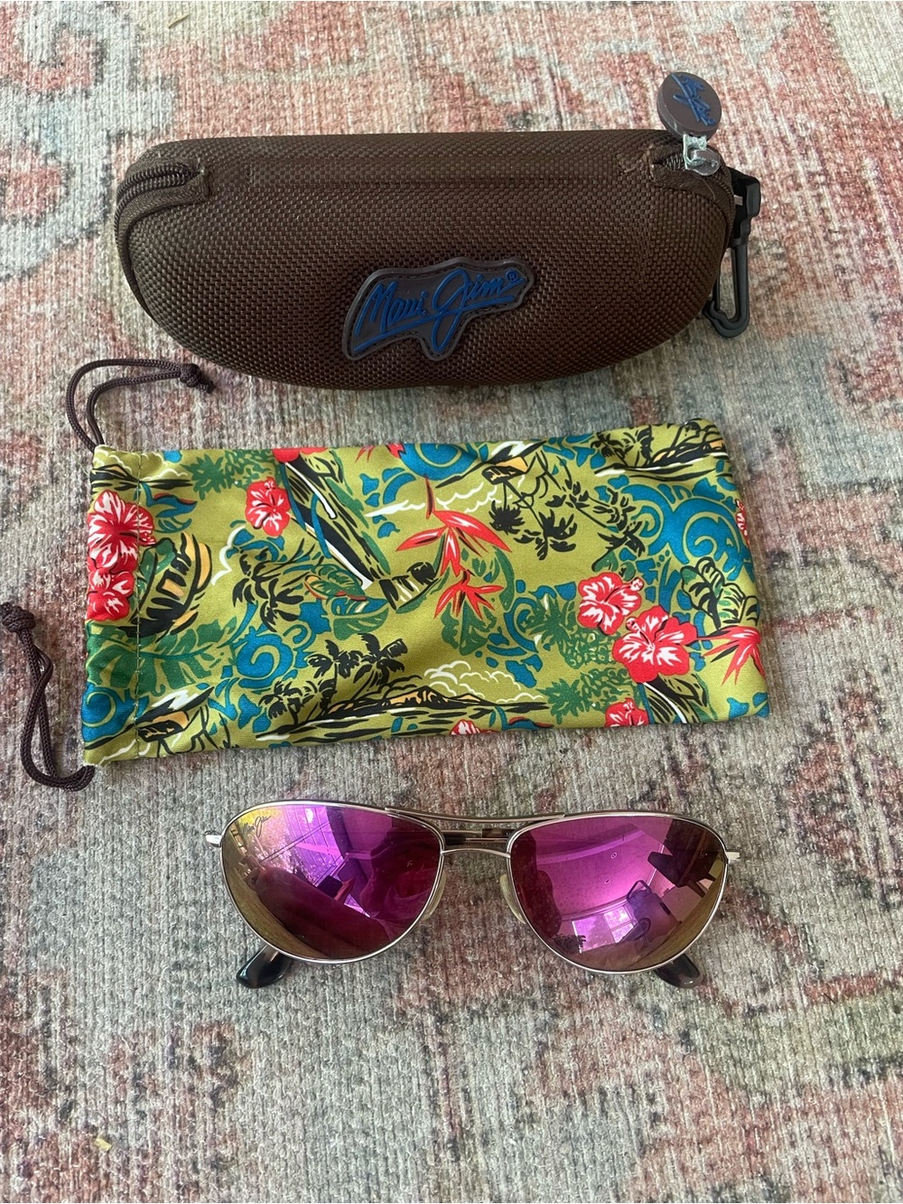 Maui Jim Aviator Sunglasses with Purple Mirrored Lenses and Brown Case